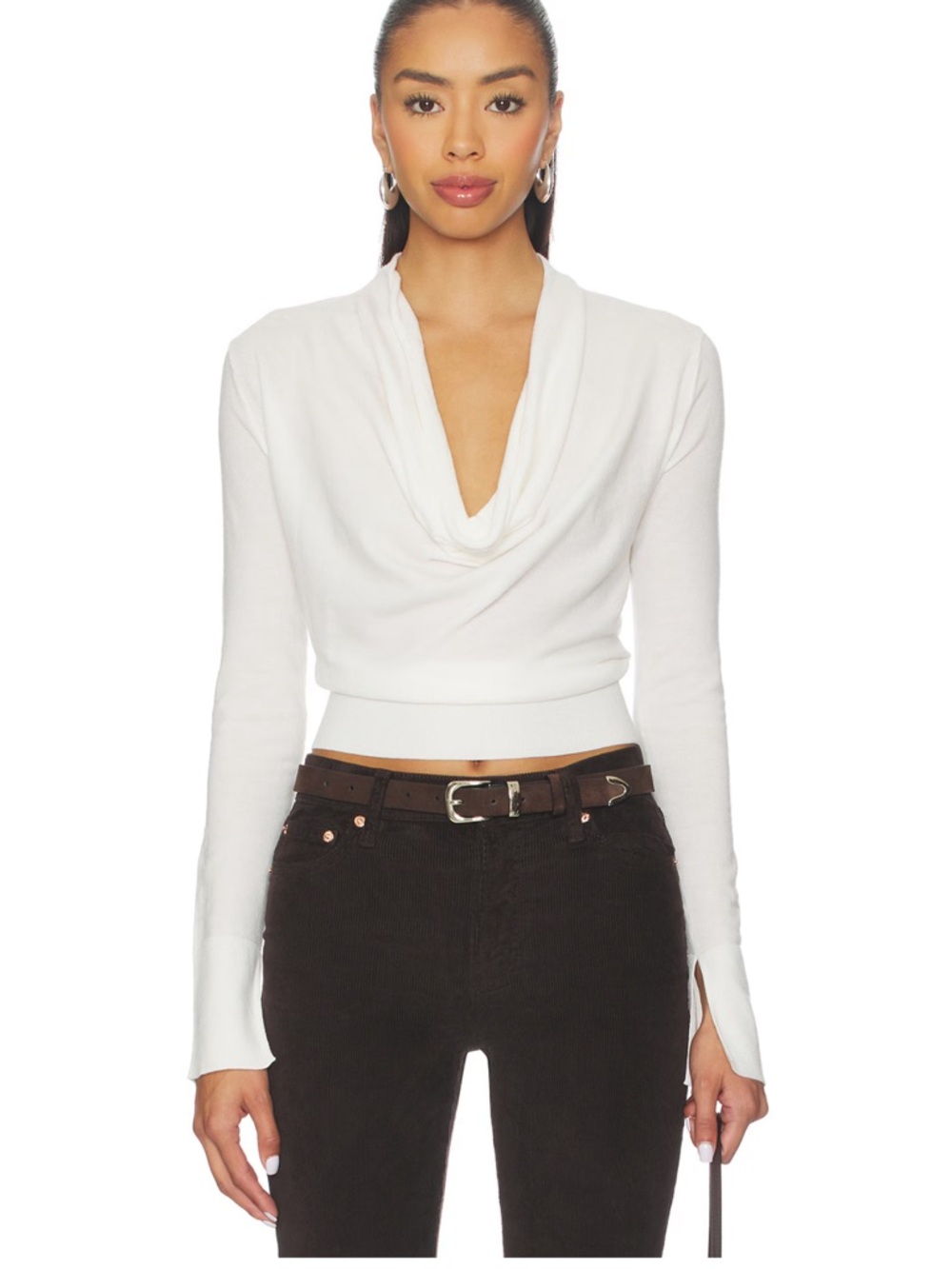 White Cowl Neck Long Sleeve Crop Top